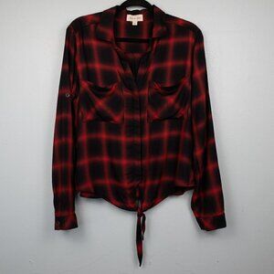 Cloth & Stone red plaid tie front top-S